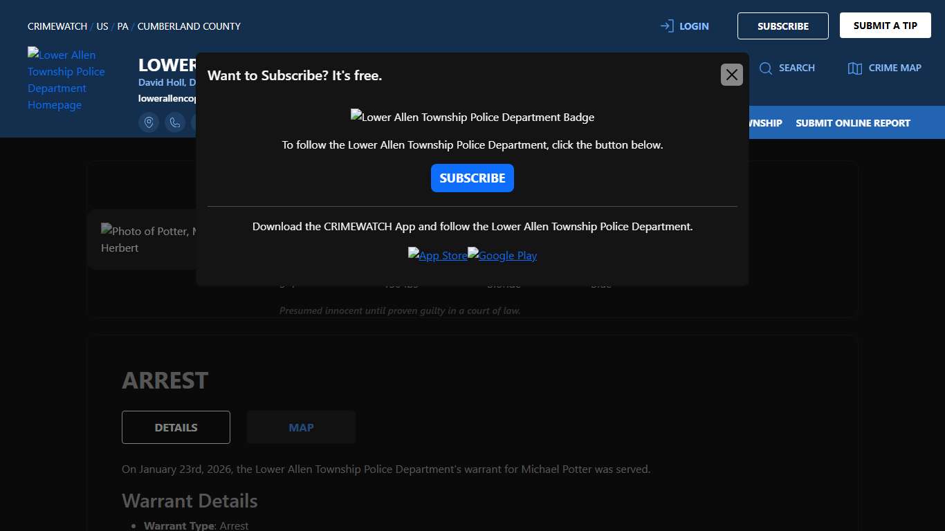 Potter, Michael Herbert - TITLE 18 3921A THEFT BY UNLAWFUL TAKING Lower Allen Township Police Department