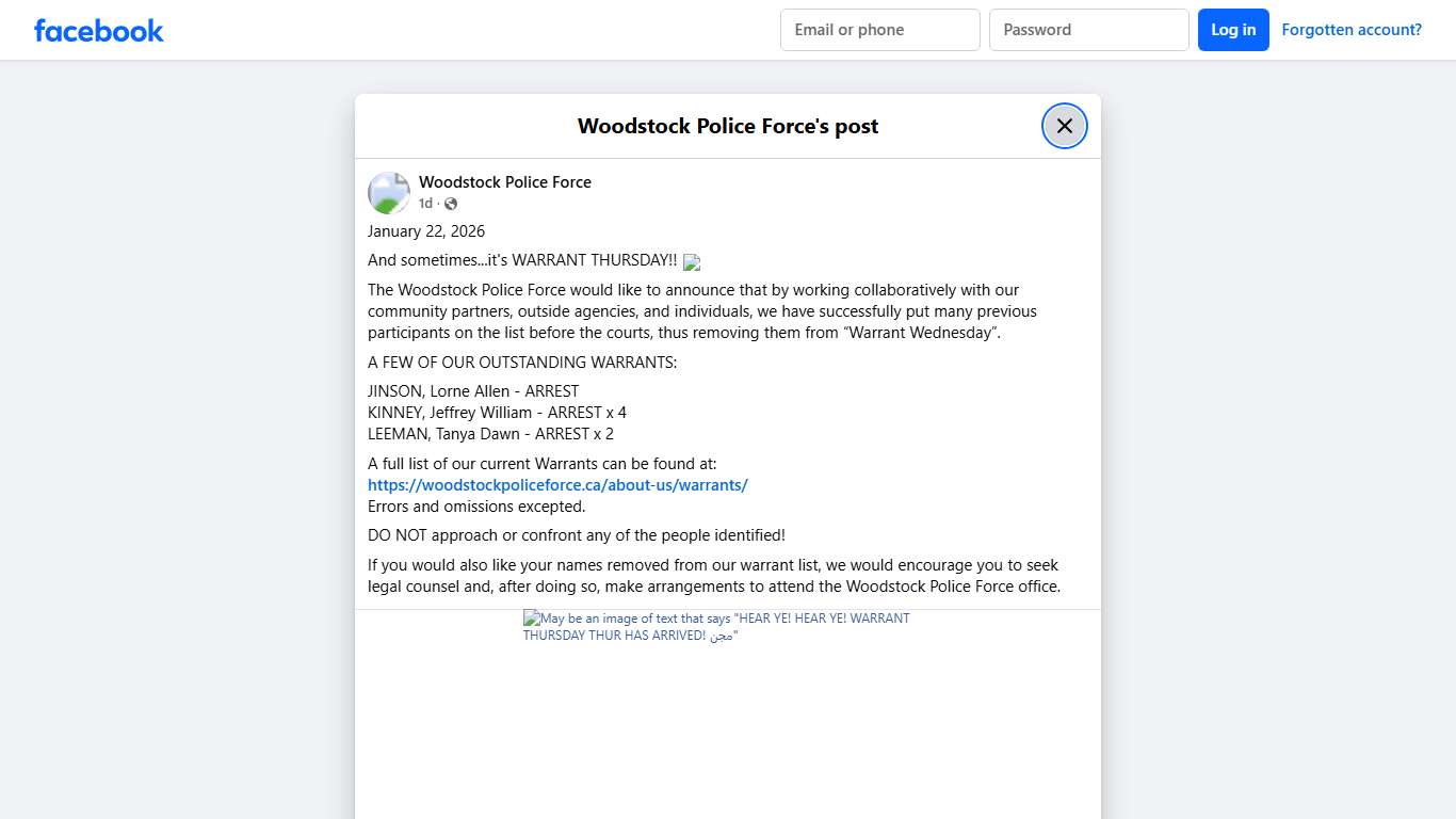 January 22, 2026 And... - Woodstock Police Force Facebook